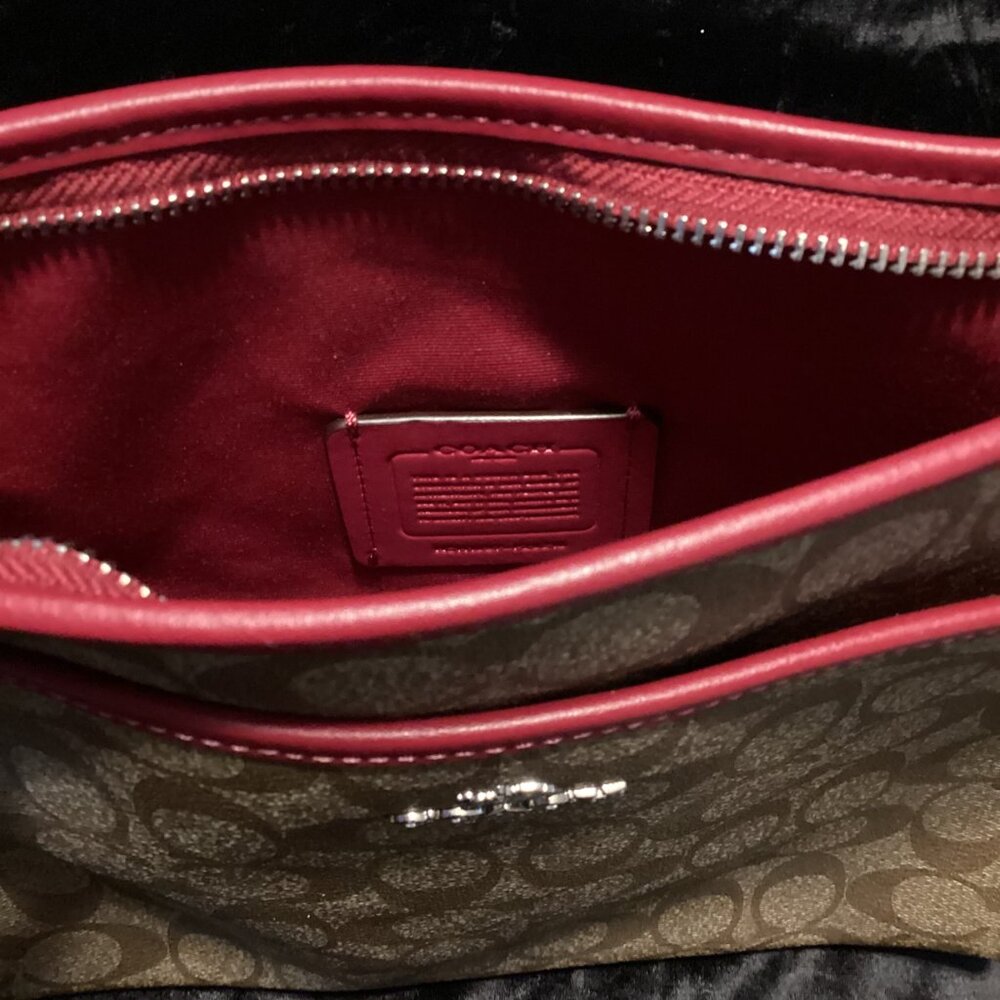 Coach Signature Canvas - Brown and Cranberry Canvas Print Logo Crossbody - Picture 2 of 4